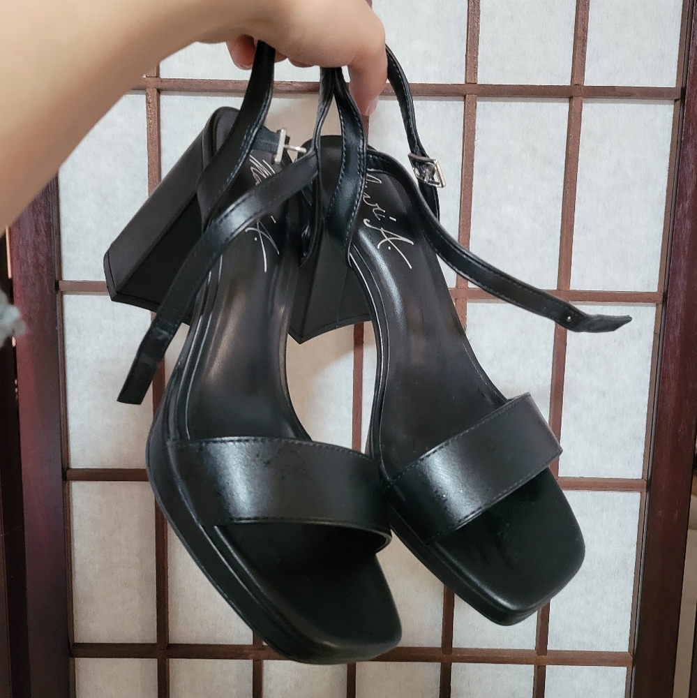 Mari A. Black Vegan Leather Platform Block Heels